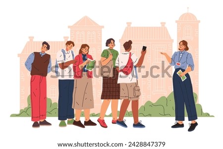 Vector illustration of touristic group at excursion with speaker or guide. Outdoor city sightseeing for tourist or traveler characters. Historical exposure or exposition, cultural or architecture tour