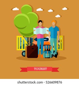 Vector illustration of tourists with baggage after arrival. One tourist is looking at map. Travel by air concept design element in flat style.