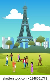 A vector illustration of Tourists in Eiffel Tower France