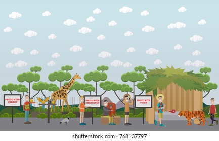Vector illustration of tourists getting photo with exotic animals and birds while visiting zoo. Flat style design.