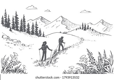 Vektorgrafik von Touristen in der Natur, in den Bergen. Wanderer in Bergen, Wiesen und Waldlandschaft. Illustration von Tourismus und Erholung in freier Wildbahn. handgezeichnete Skizze, schwarz-weiß