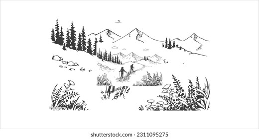 Vector Illustration Of Tourists In Nature In The Mountains Hiking Landscape With Mountains Meadows And Forest Illustration Of Tourism And Recreation In The Wild Handdrawn Sketch Black And White Graphi