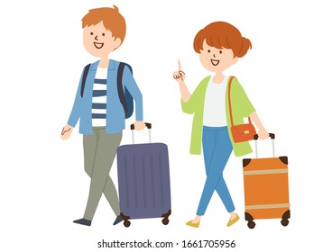 Vector illustration of  tourists with suitcase