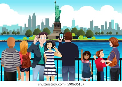 A vector illustration of Tourists Taking Picture Near Statue of Liberty