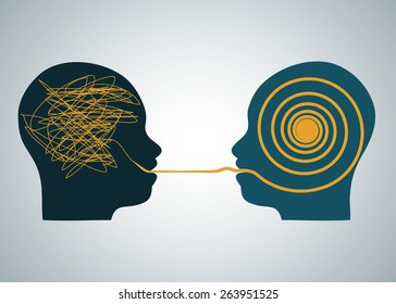 Vector illustration tow silhouette profile heads face to face, one with scribbling and second with accurate right maze, labyrinth. Talking, decoding and understanding process problems concept, symbol