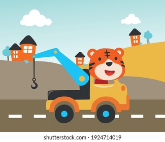 Vector illustration of tow truck cartoon with funny driver, Creative vector childish background for fabric, textile, nursery wallpaper, poster, card, brochure. and other decoration.