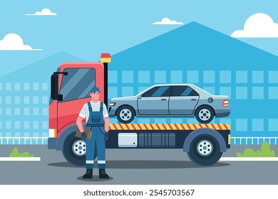 Ilustração vetorial do condutor de reboque que transporta um carro 