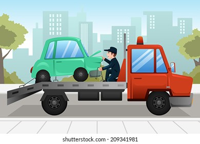 A Vector Illustration Of Tow Truck Towing A Broken Down Car