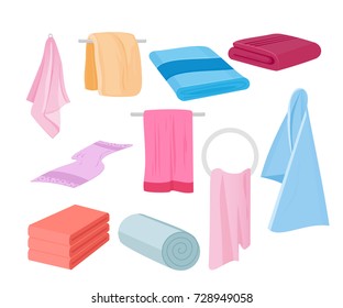 Vector illustration of towels vector set. Cloth towel for bath, illustration of cartoon fabric towels in flat cartoon style.