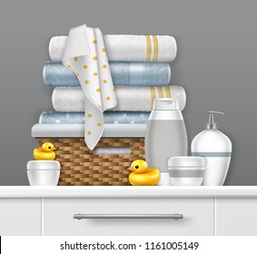 Vector Illustration Of Towels In Wicker Basket On Shelf With Yellow Duck And Bathing Set In Bathroom With Gray Wall Background