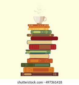 vector illustration of tower from books with cup of hot coffee on the top for reading time concept 