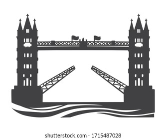 Vector illustration the Tower Bridge in London, the UK. Black silhouette of the famous British landmark. Hand drawn doodle object isolated on white background.