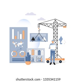 Vector illustration of tower crane building construction business activity monitoring dashboard with statistics graphs. House building concept for web banner, website page, presentation etc.