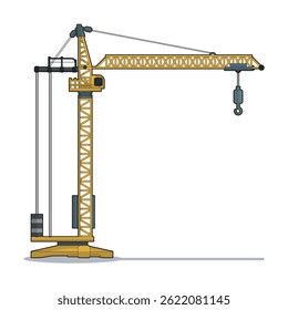 Vector illustration of a tower crane with counterweights and a hook, commonly used in construction for lifting heavy materials. Ideal for engineering and building design projects.