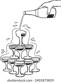 Vector illustration of tower of cups. Outline sketch of wineglasses isolated on white