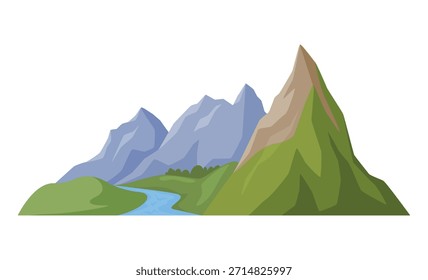 Ilustración vectorial de montañas imponentes y un río sinuoso que fluye a través de un valle, rodeado de colinas verdes sobre un fondo blanco.