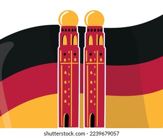 vector illustration of the towers of the Cathedral of the Blessed Virgin Mary of the city of Munich against the background of the German flag