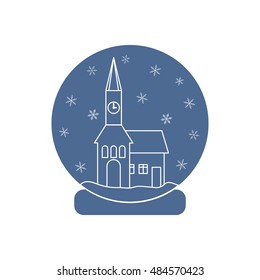 Vector illustration of town hall with clock and the house inside glass ball with snow. Design element for postcard, invitation, banner or flyer made in modern line style vector.