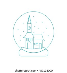 Vector illustration of town hall with clock and the house inside glass ball with snow. Design element for postcard, invitation, banner or flyer made in modern line style vector.