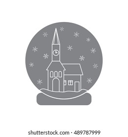 Vector illustration of town hall with clock and the house inside glass ball with snow. Design element for postcard, invitation, banner or flyer made in modern line style vector.