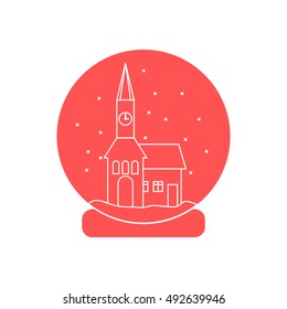 Vector illustration of town hall with clock and the house inside glass ball with snow. Design element for postcard, invitation, banner or flyer made in modern line style vector.