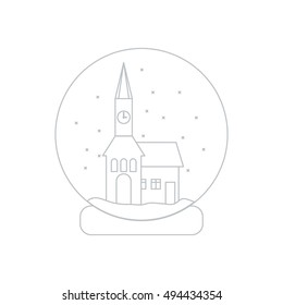 Vector illustration of town hall with clock and the house inside glass ball with snow. Design element for postcard, invitation, banner or flyer made in modern line style vector.