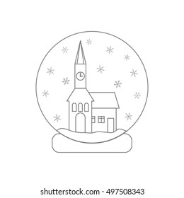 Vector illustration of town hall with clock and the house inside glass ball with snow. Design element for postcard, invitation, banner or flyer made in modern line style vector.