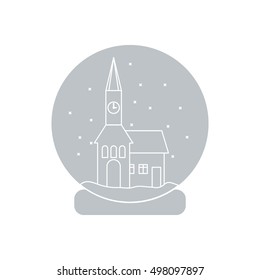 Vector illustration of town hall with clock and the house inside glass ball with snow. Design element for postcard, invitation, banner or flyer made in modern line style vector.