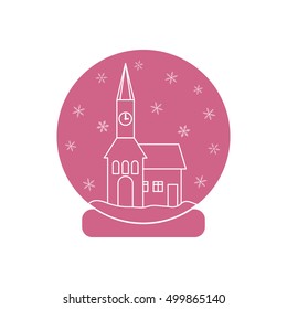 Vector illustration of town hall with clock and the house inside glass ball with snow. Design element for postcard, invitation, banner or flyer made in modern line style vector.