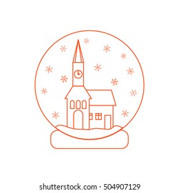 Vector illustration of town hall with clock and the house inside glass ball with snow. Design element for postcard, invitation, banner or flyer made in modern line style vector.