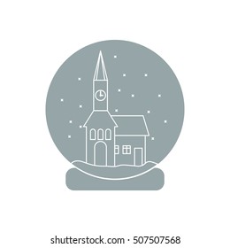 Vector illustration of town hall with clock and the house inside glass ball with snow. Design element for postcard, invitation, banner or flyer made in modern line style vector.