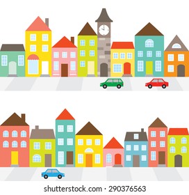 Vector Illustration Of A Town Scene With Row Of Houses Along The Street And Cars.
