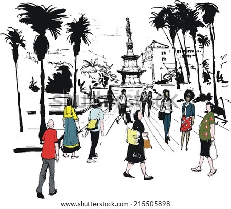 Vector illustration of town square, Noumea, New Caledonia with pedestrians