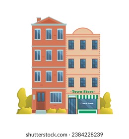 Vector illustration of townhouse and store buildings flat and front view isolated on white background for your design