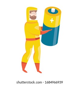 Vector illustration of toxic waste. Doctor in protective suit with battery.  Garbage sorting. Man throws a battery in the trash. Recycling.