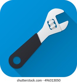 Vector illustration. Toy adjustable wrench in flat design with long shadow. Square shape icon in simple design. Icon vector size 1024 corner radius 180