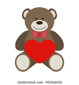 Vector illustration of a toy bear with big red heart and bow tie on a white background