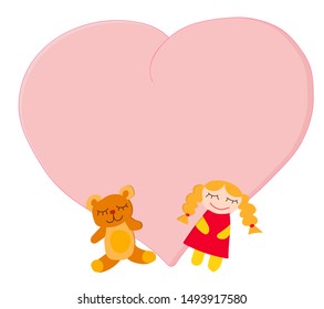 vector illustration of a toy bear and a doll standing in front of a pink heart background. Good for invitations, labels, words about age or name. Isolated on white background.
