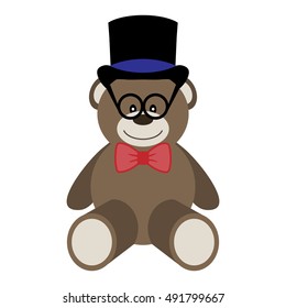 Vector illustration of a toy bear with glasses, bow tie and top hat on a white background