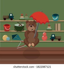 
Vector illustration of a toy bear. Toys, typewriter, pyramid, umbrella, teddy bear.