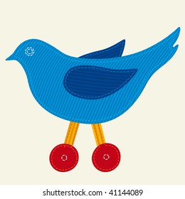 Vector illustration of toy bird in textile texture. Only global colors. CMYK. Easy color changes.