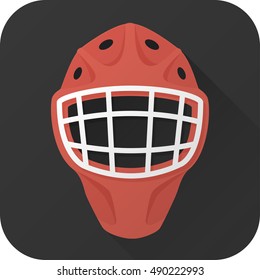 Vector illustration. Toy hockey goalie helmet in flat design with long shadow. Square shape icon in simple design. Icon vector size 1024 corner radius 180