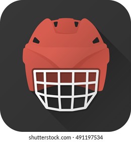 Vector illustration. Toy hockey helmet offensive player in flat design with long shadow. Square shape icon in simple design. Icon vector size 1024 corner radius 180