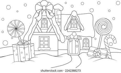 Vector illustration, toy house with gifts, book coloring