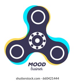 Vector illustration of toy for improvement of attention span. Creative concept of fidget spinner with color trace of rotation and text on white background. Flat style creativity design of hand spinner