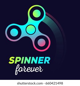 Vector illustration of toy for improvement of attention span. Creative concept of multicolor fidget spinner with trace of rotation and text on black background. Flat style design of hand spinner