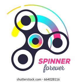 Vector illustration of toy for improvement of attention span. Creative concept of black fidget spinner with multicolor trace of rotation on white background. Flat style design of stylish hand spinner