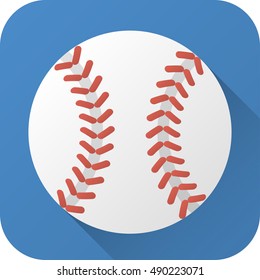 Vector illustration. Toy leather baseball ball in flat design with long shadow. Square shape icon in simple design. Icon vector size 1024 corner radius 180