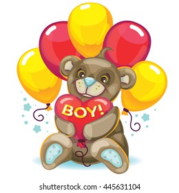 vector illustration toy. little baby brown bear with a balloon heart. inscription boy! Design element for the newborn. 