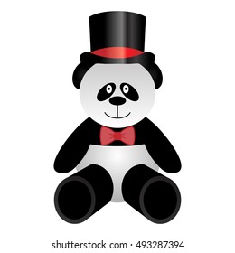 Vector illustration of a toy panda bear with bow tie and top hat on a white background